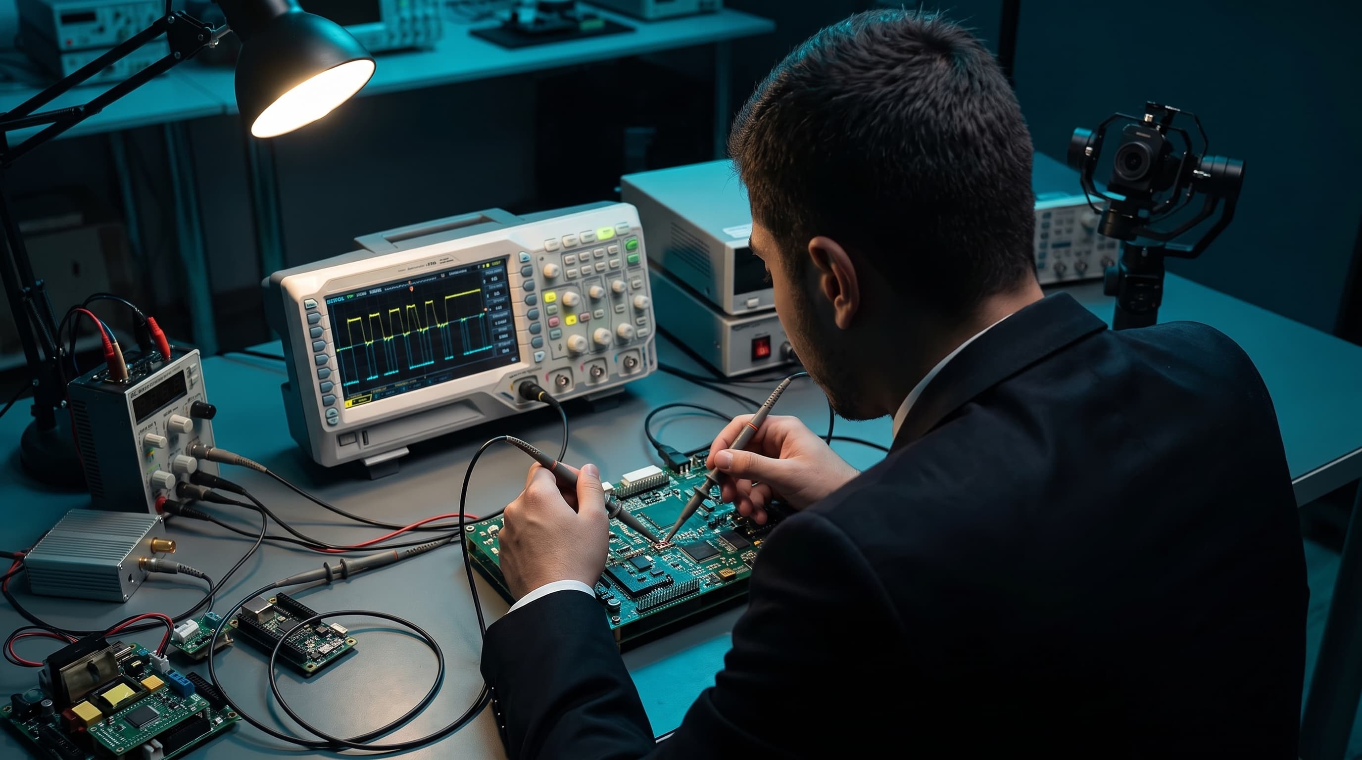 Illustrative scene of an engineer testing a circuit board with an oscilloscope